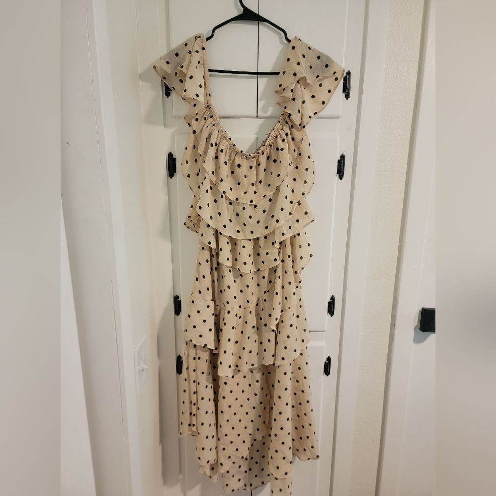 Do BE Polka Dot Tieres Ruffle Off The Shoulder Retro Midi Dress Small
